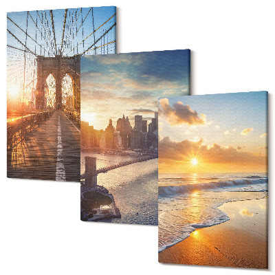 Zestaw obrazów tryptyk na ścianę Mosty i zachody słońca w miejskim krajobrazie