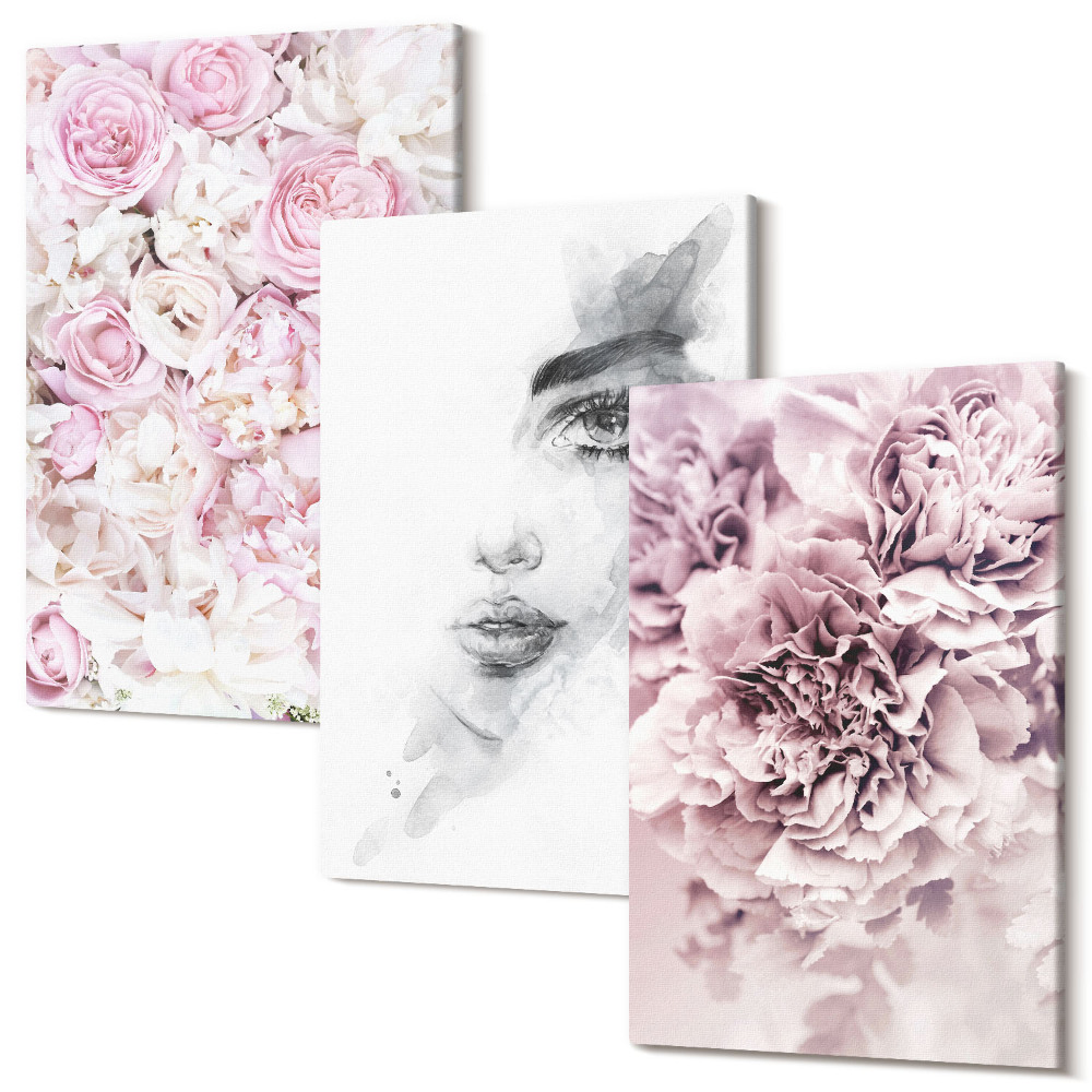 Zestaw obrazów 3 części tryptyk Delikatne piwonie czarno-biały portret kobiety