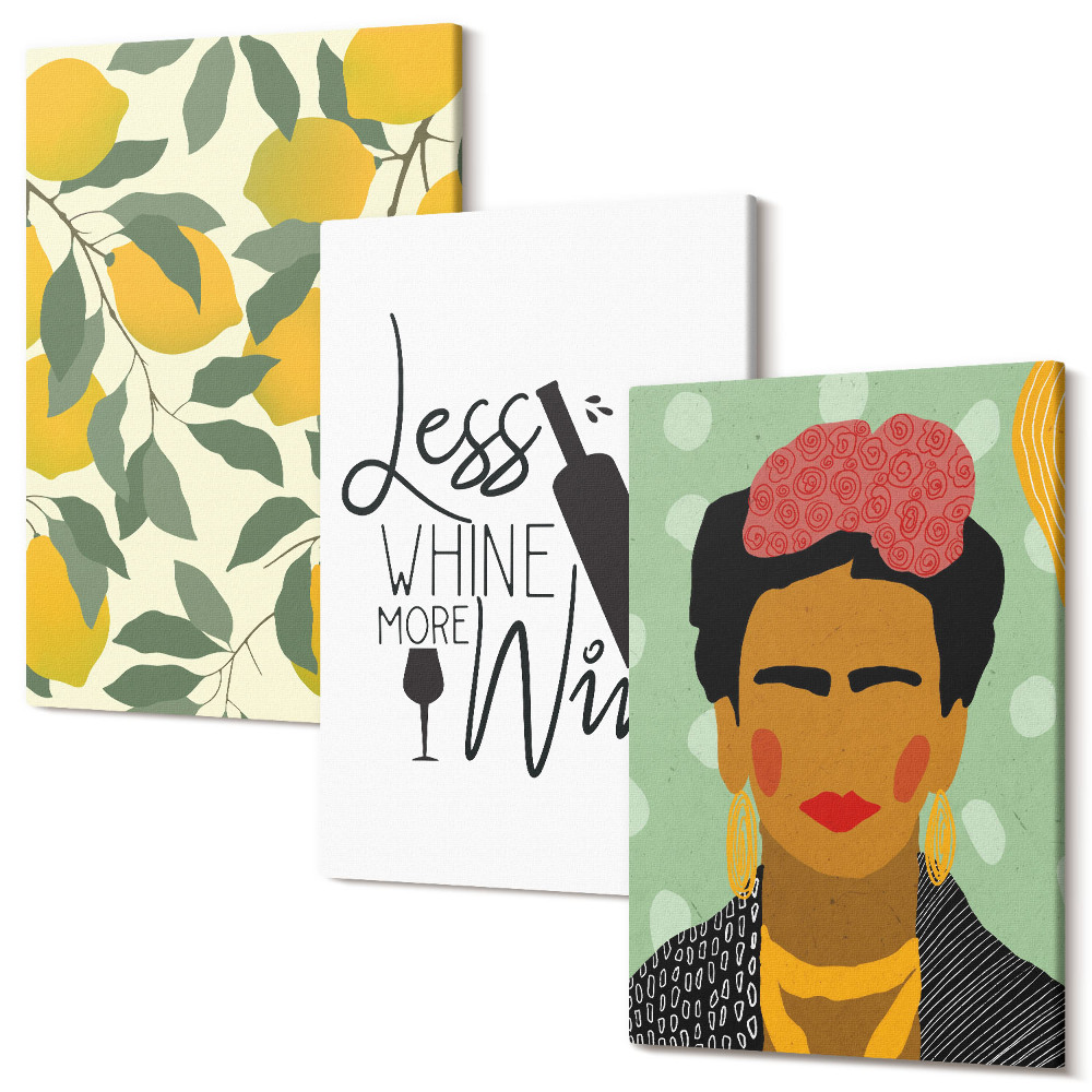 Zestaw obrazów tryptyk na ścianę Cytryny butelka wina portret Fridy Kahlo