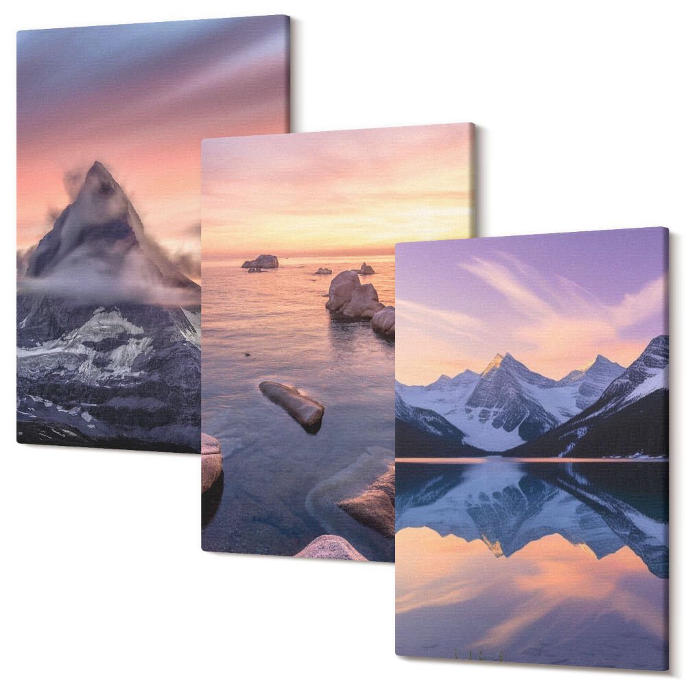 Zestaw obrazów 3 części tryptyk Krajobrazy góry jeziora i zachód słońca