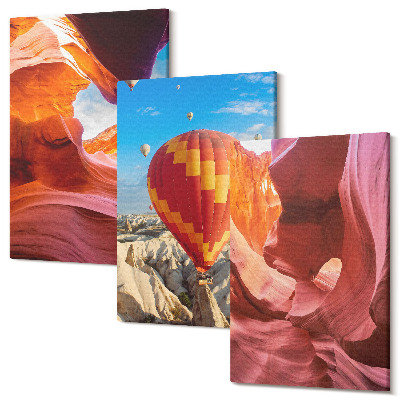 Zestaw obrazów 3 części tryptyk Krajobrazy pustynnych wąwozów i lot balonem