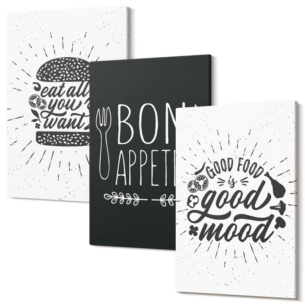 Zestaw obrazów tryptyk na ścianę Grafika z jedzeniem i hasłami kulinarnymi