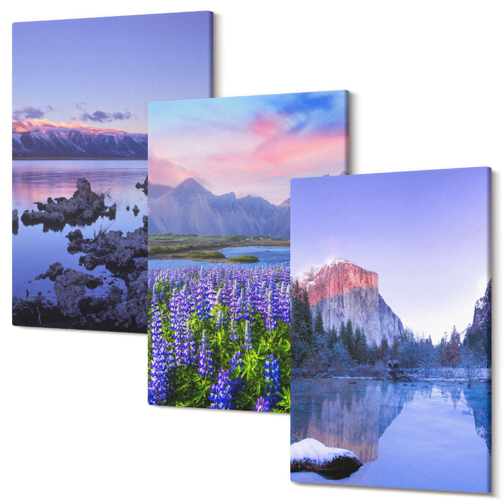 Zestaw obrazów 3 części tryptyk Krajobrazy górskie z wodą niebem i polem kwiatów