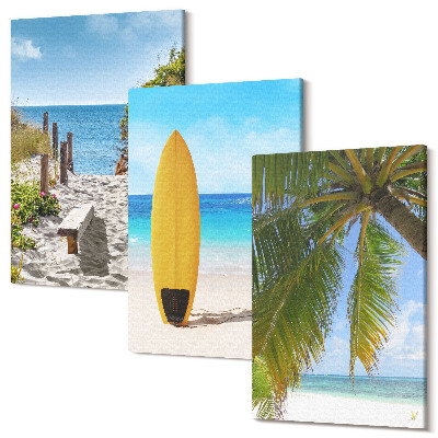 Zestaw obrazów na płótnie tryptyk Wakacyjne widoki plaża fale i palmy w tropikach