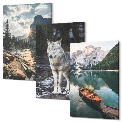 Zestaw obrazów na płótnie tryptyk Góry jeziora i wilk w naturalnym otoczeniu