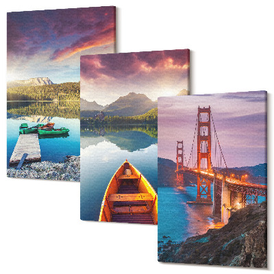 Zestaw obrazów na płótnie tryptyk Widoki górskie z jeziorami łodzie i most