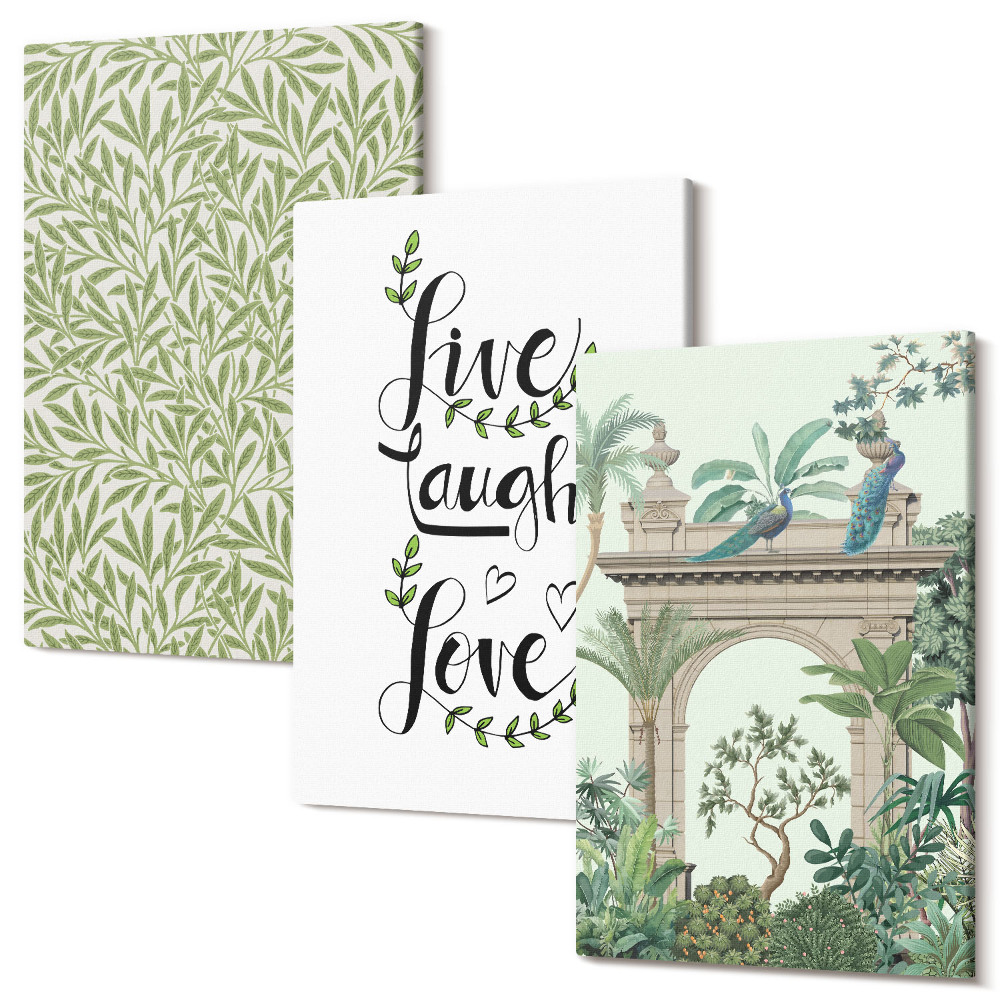 Zestaw obrazów na płótnie tryptyk Zielone liście napisy i egzotyczne rośliny w architekturze