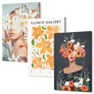 Zestaw obrazów na płótnie tryptyk Kwiatowe portrety z kolorowymi bukietami i liśćmi