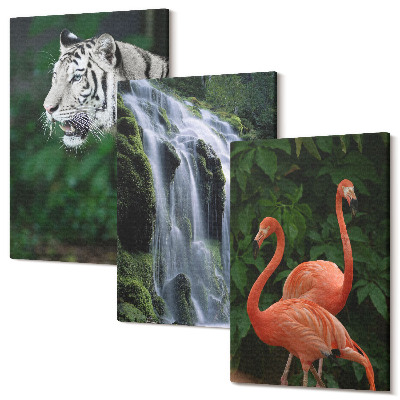 Zestaw obrazów 3 części tryptyk Tygrys wodospad i różowe flamingi w naturze