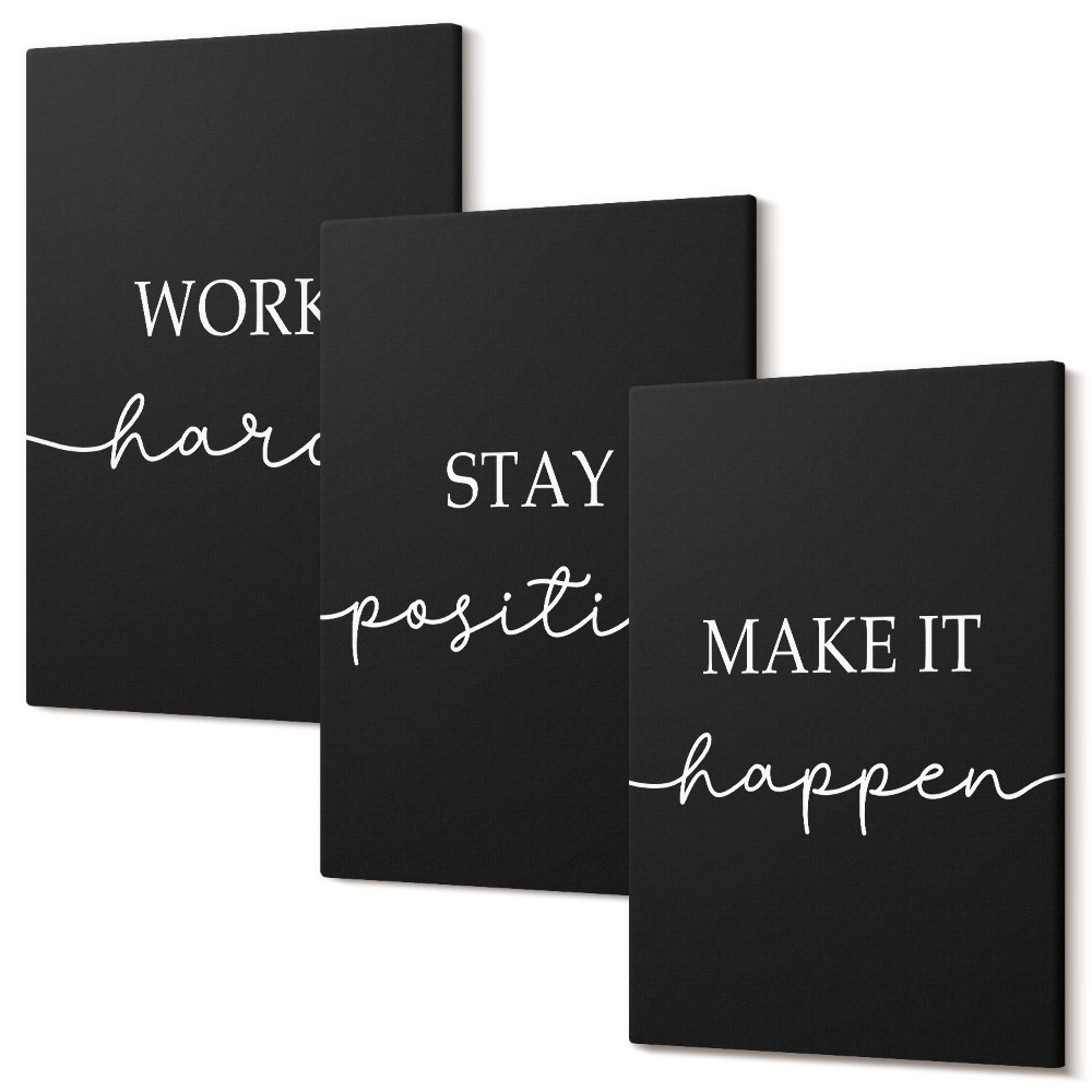 Zestaw obrazów 3 części tryptyk Eleganckie motywacyjne hasła na czarnym tle