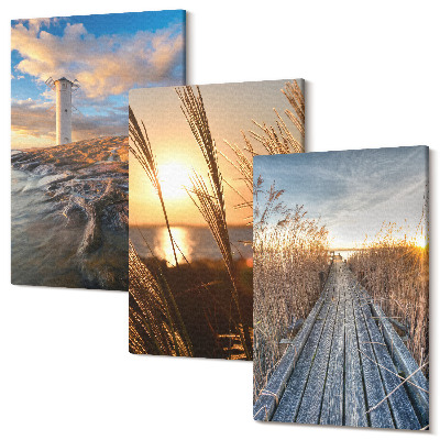 Zestaw obrazów na płótnie tryptyk Widok latarni morskiej nad morzem trawa i drewniany pomost