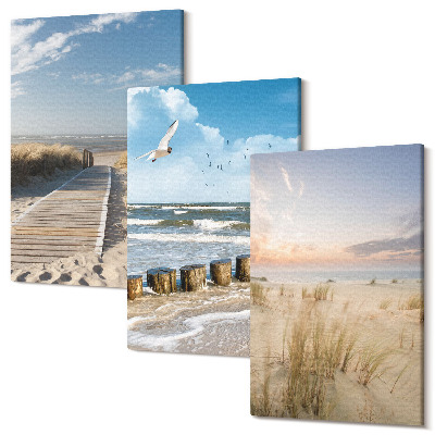 Zestaw obrazów tryptyk na ścianę Plaża z piaskiem fale niebo i ptaki w locie