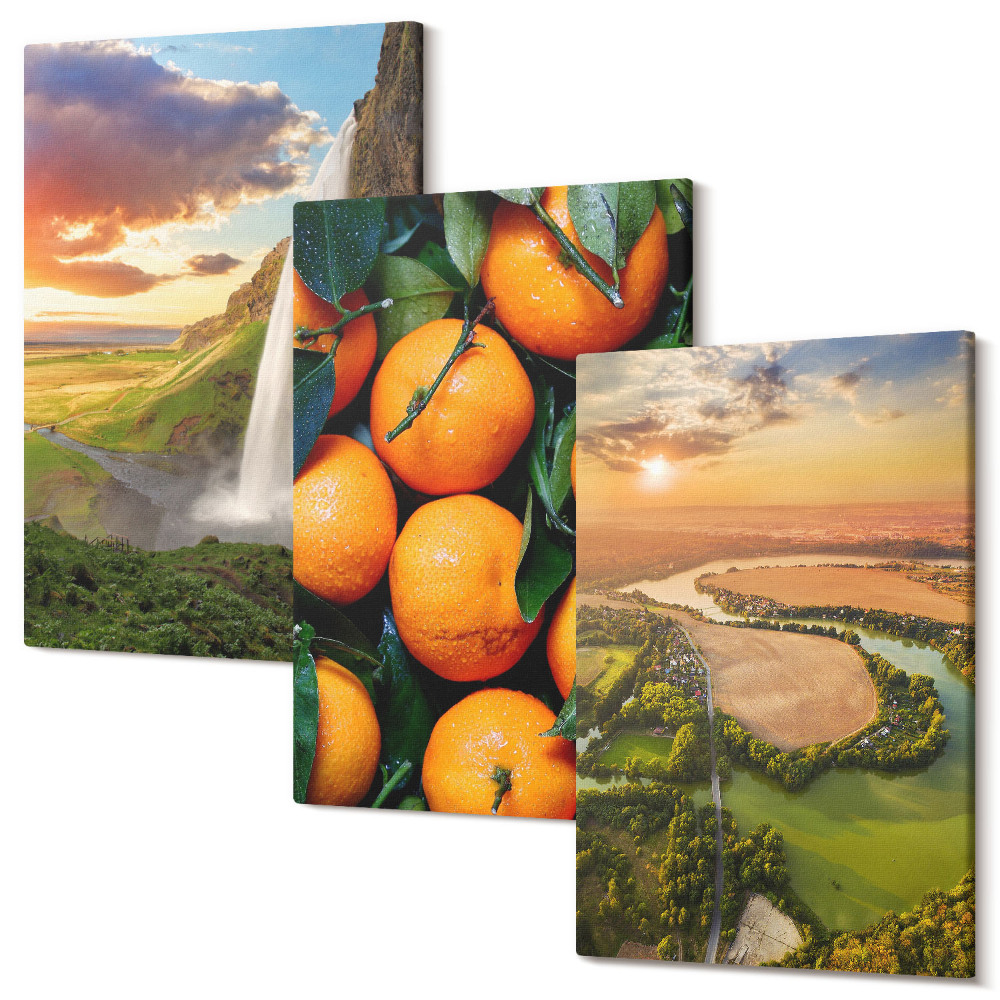 Zestaw obrazów 3 części tryptyk Wodospad góry pomarańcze Włoski krajobraz z zachodem
