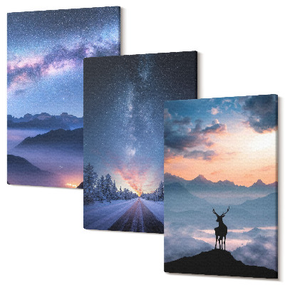 Zestaw obrazów 3 części tryptyk Nocne niebo góry pejzaże we mgle i jeleń