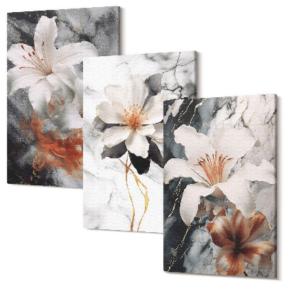 Zestaw obrazów na płótnie tryptyk Kwiaty na tle marmuru w odcieniach bieli i czerni