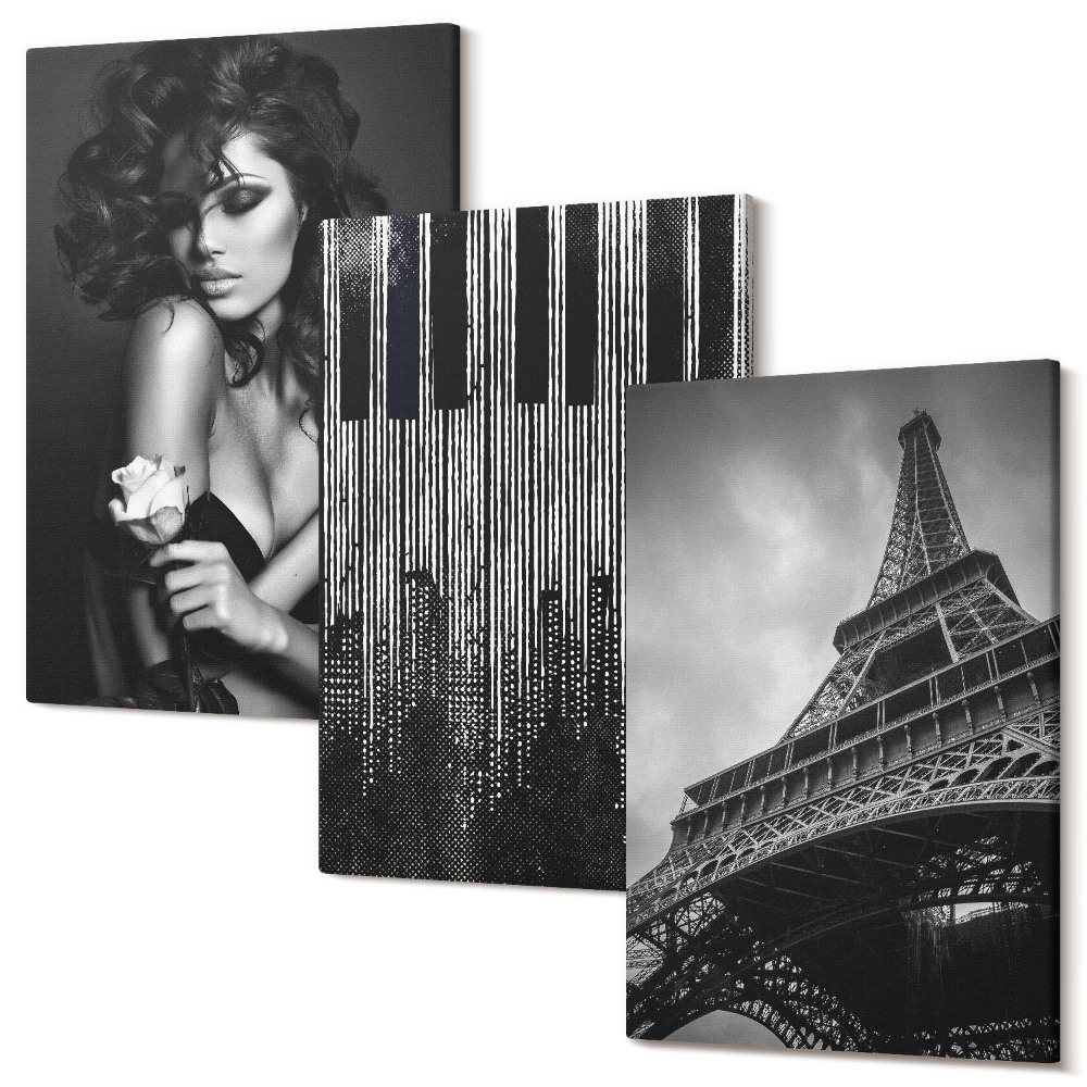 Zestaw obrazów 3 części tryptyk Portret kobiety z różą wieża Eiffla i wzór pianina