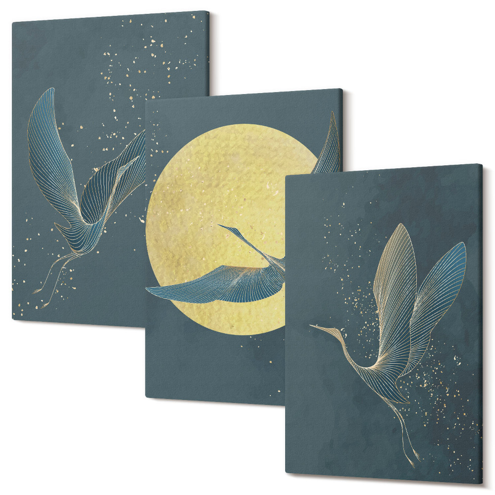 Zestaw obrazów na płótnie tryptyk Ptaki żurawie w locie na tle księżyca i gwiazd