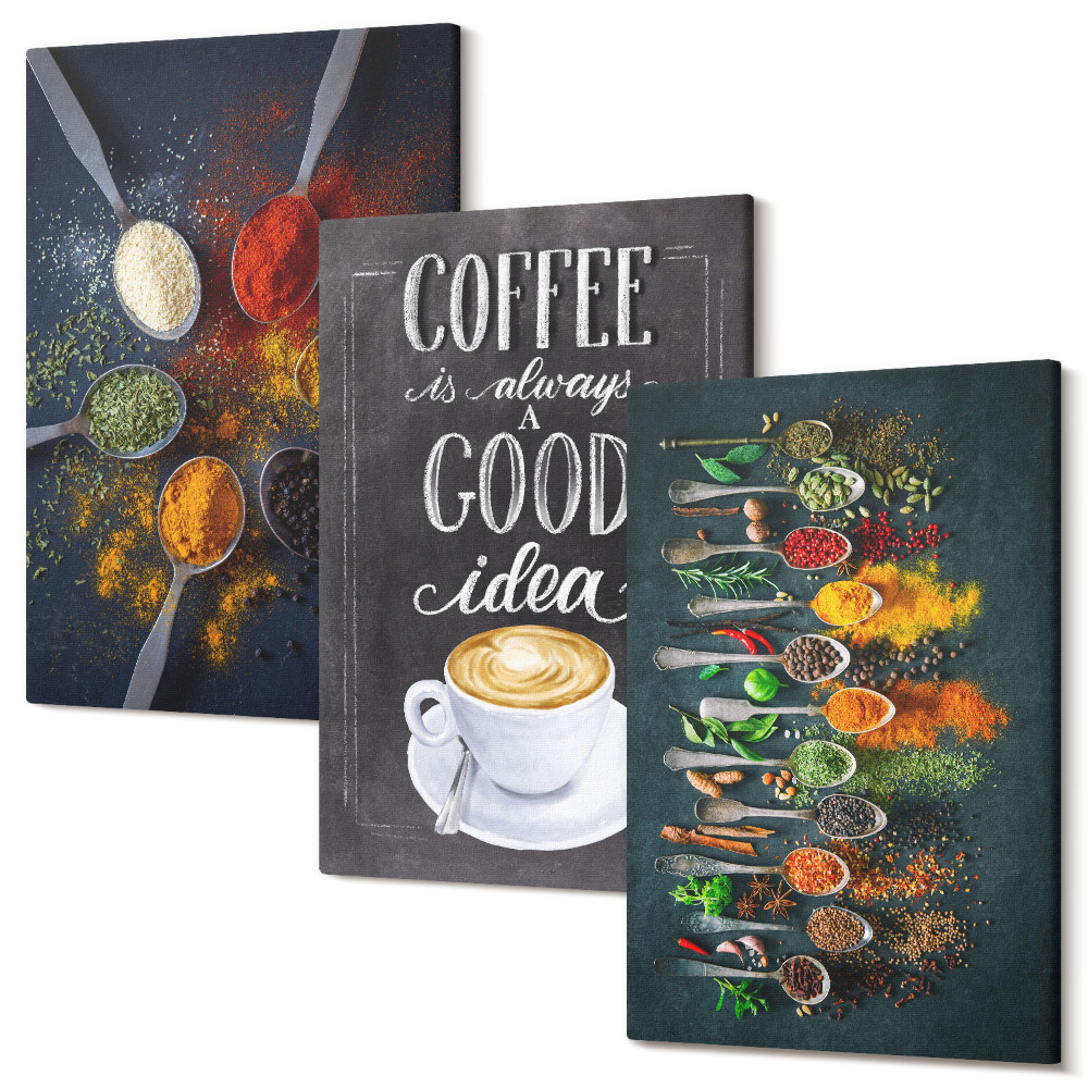 Zestaw obrazów 3 części tryptyk Przyprawy kawa z filiżanką zioła kuchenne wzory