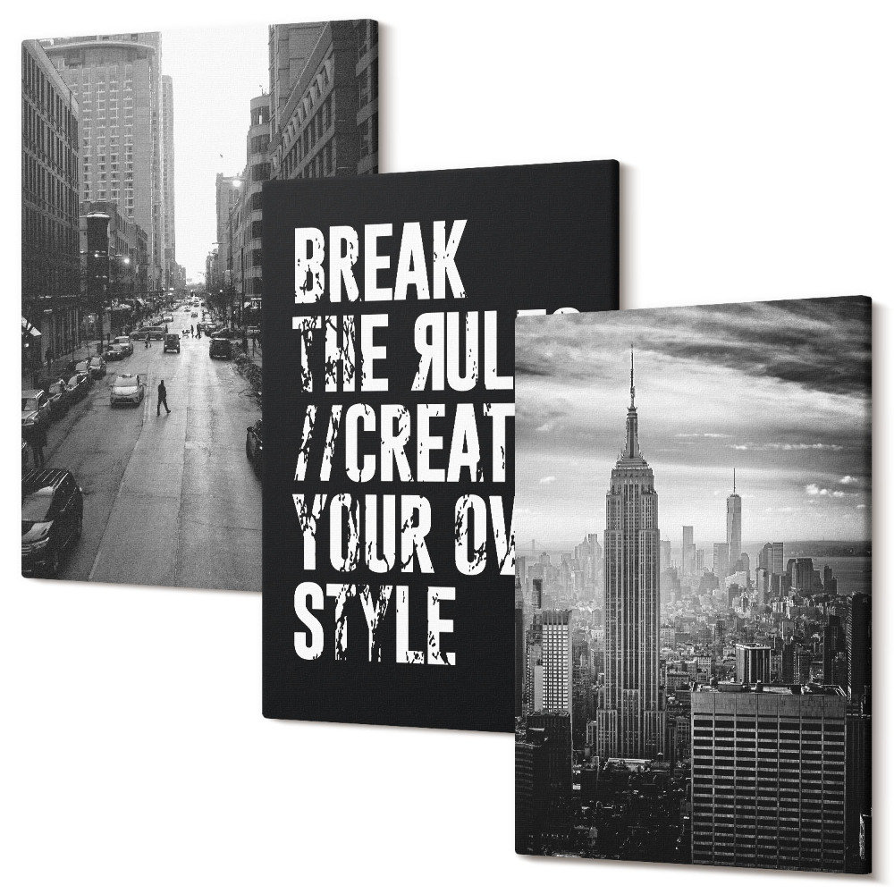 Zestaw obrazów na płótnie tryptyk Ulice miasta w czerni i bieli z inspirującym napisem