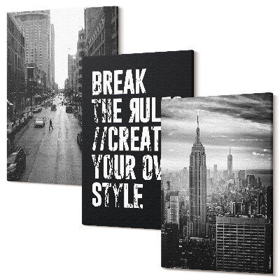 Zestaw obrazów na płótnie tryptyk Ulice miasta w czerni i bieli z inspirującym napisem