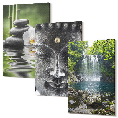 Zestaw obrazów 3 części tryptyk Harmonia natury z kamieniami wodą i Buddą