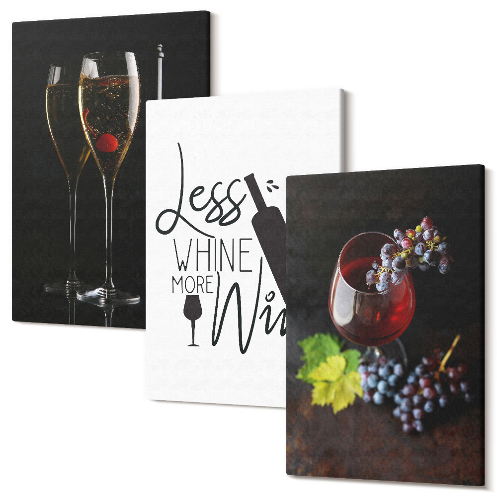 Zestaw obrazów na płótnie tryptyk Kieliszki wina z winogronami i napis o winie
