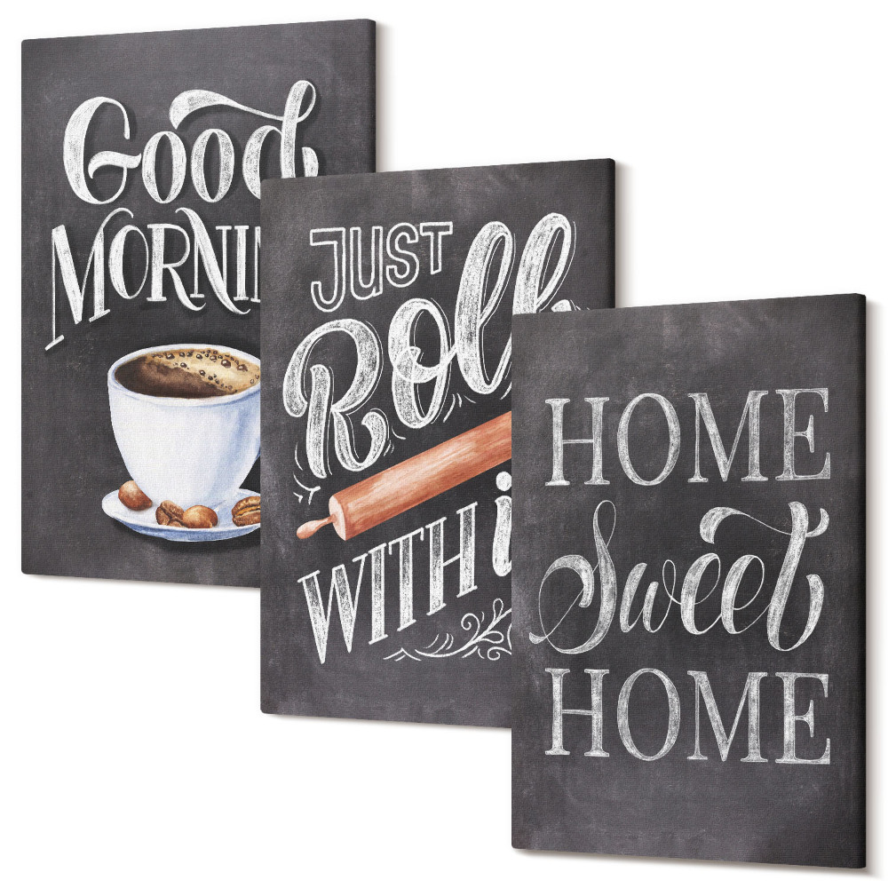 Zestaw obrazów na płótnie tryptyk Domowe motywy kuchenne napisy na tablicy