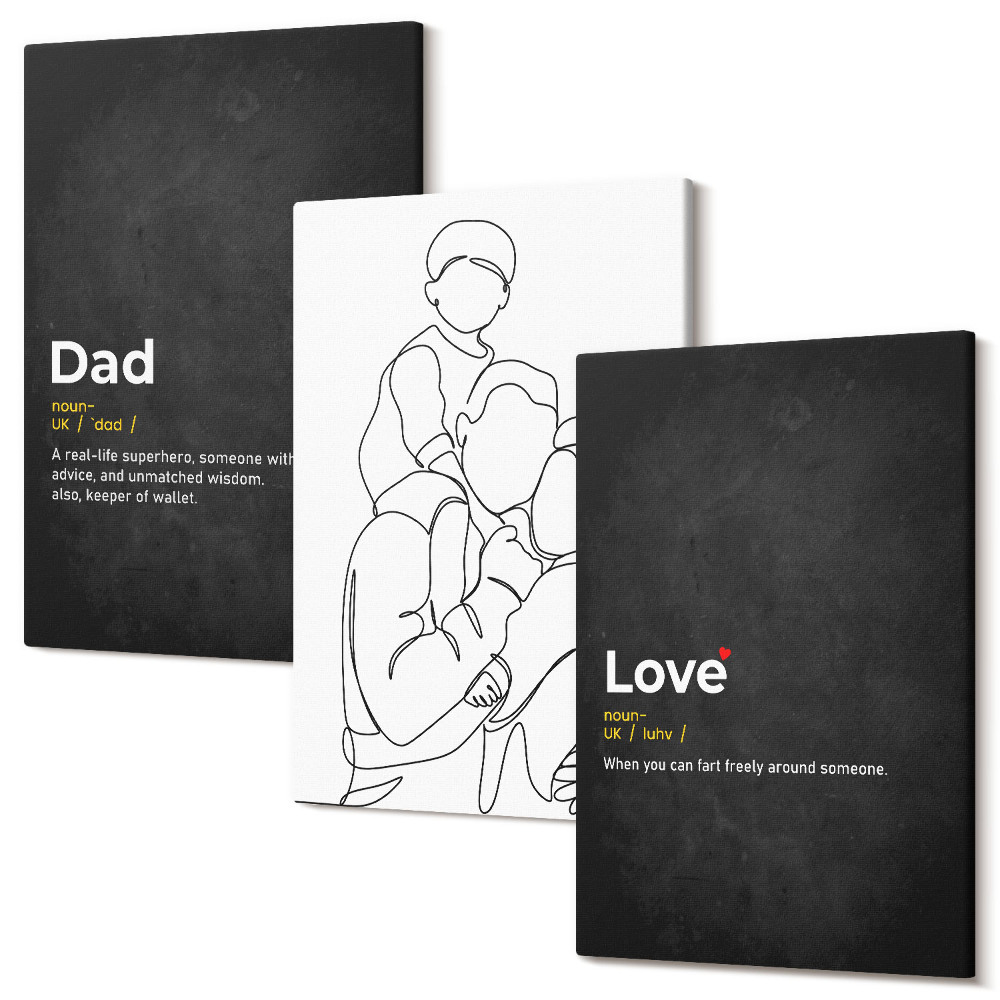 Zestaw obrazów 3 części tryptyk Rodzina line-art z definicjami miłości i ojcostwa