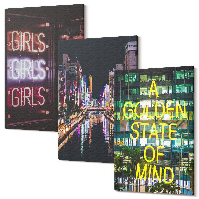 Zestaw obrazów na płótnie tryptyk Neonowe napisy miasta nocą z widokiem na rzekę