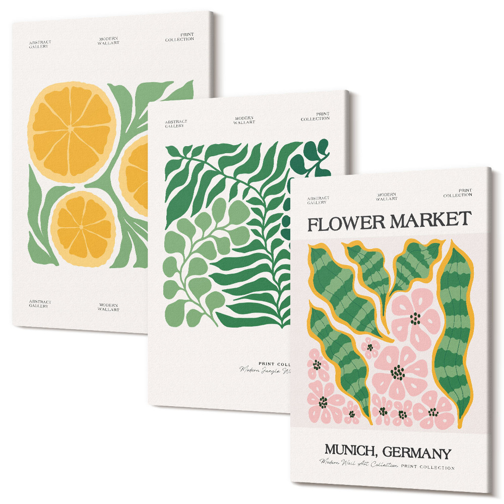 Zestaw obrazów tryptyk na ścianę Motywy owocowe i roślinne w pastelowych kolorach postery