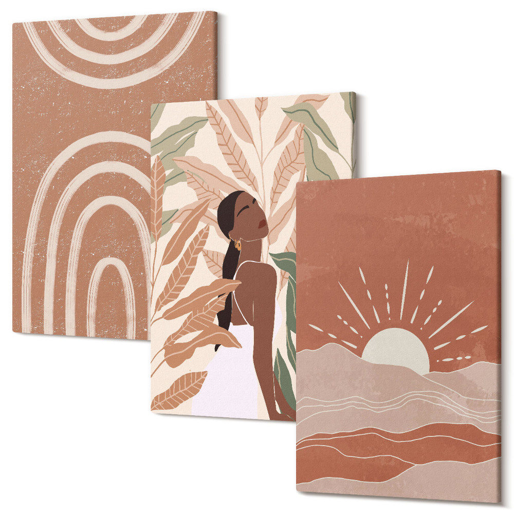 Zestaw obrazów na płótnie tryptyk Boho abstrakcyjne kształty i ilustracje