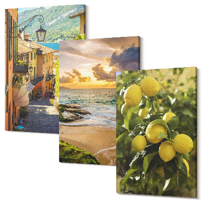 Zestaw obrazów 3 części tryptyk Malownicze uliczki morze plaża i cytrusy