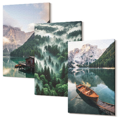Zestaw obrazów tryptyk na ścianę Górskie krajobrazy z jeziorem łódką i lasem we mgle
