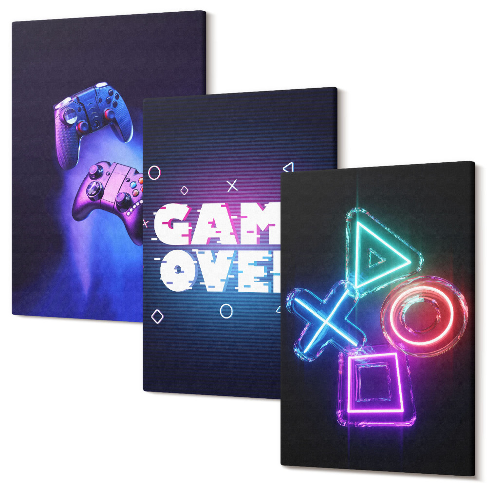 Zestaw obrazów 3 części tryptyk Pady do gry napis Game Over ikony
