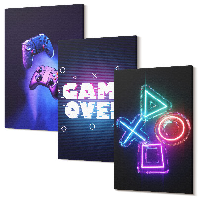 Zestaw obrazów 3 części tryptyk Pady do gry napis Game Over ikony