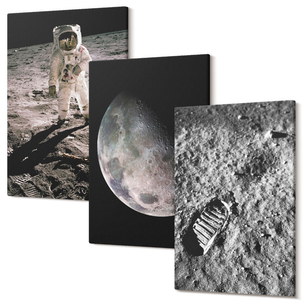 Zestaw obrazów tryptyk na ścianę Astronauta na Księżycu ślad stopy zdjęcia