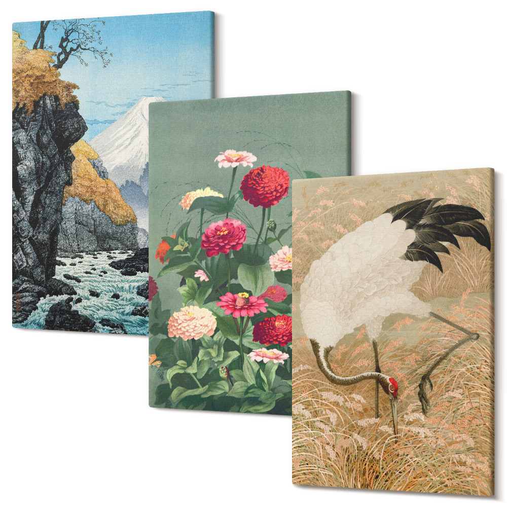 Zestaw obrazów na płótnie tryptyk Góry w krajobrazie rzeka kwiaty i żurawie w trawie