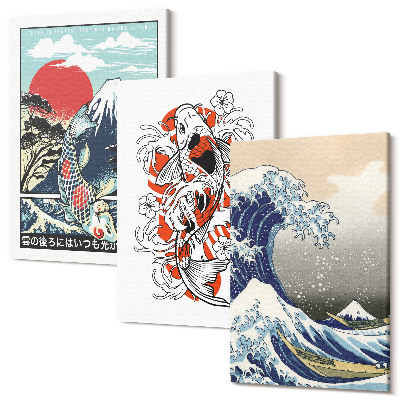Zestaw obrazów 3 części tryptyk Ilustracje gór ryb i Wielkiej Fali w Kanagawie styl japoński