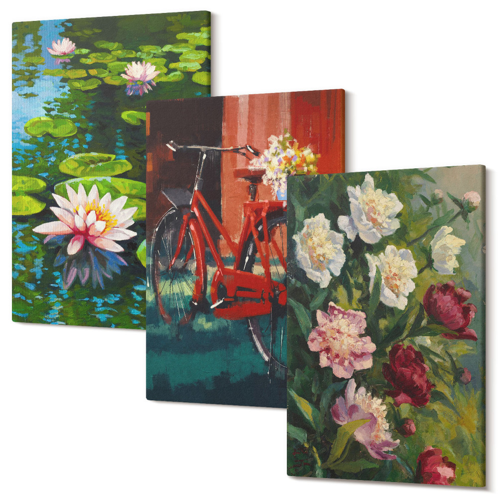 Zestaw obrazów 3 części tryptyk Lilie na wodzie rower w ogrodzie kolorowe kwiaty