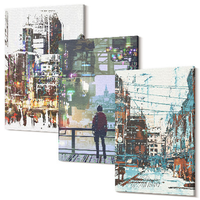 Zestaw obrazów na płótnie tryptyk Nowoczesne miasta w kolorach z postacią w tle