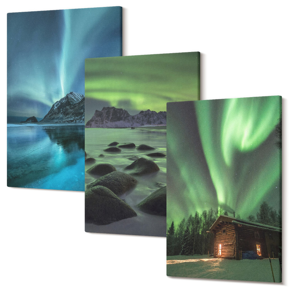 Zestaw obrazów 3 części tryptyk Zimowe pejzaże z zorzą polarną nad górami