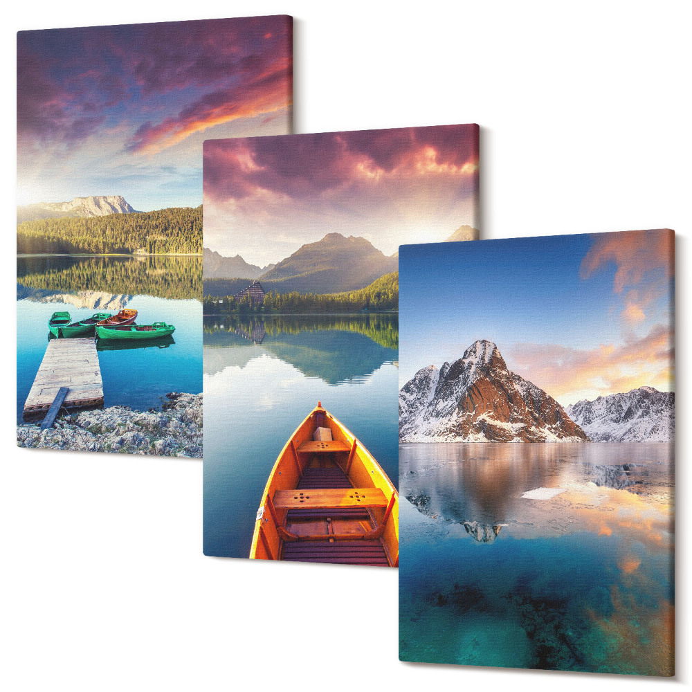 Zestaw obrazów 3 części tryptyk Spokojne jeziora z górskim krajobrazem i łodzią