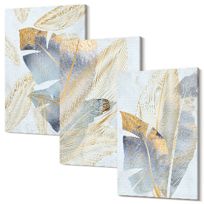 Zestaw obrazów na płótnie tryptyk Liście w odcieniach niebieskiego i beżu na tle jasnym