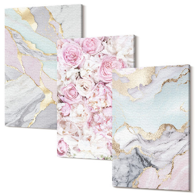 Zestaw obrazów 3 części tryptyk Różowe kwiaty z marmurowymi i pastelowymi wzorami