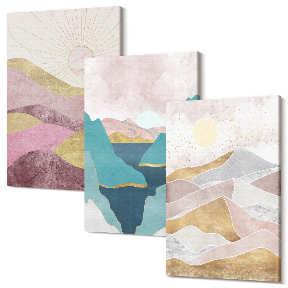 Zestaw obrazów na płótnie tryptyk Abstrakcyjne krajobrazy z górami i słońcem