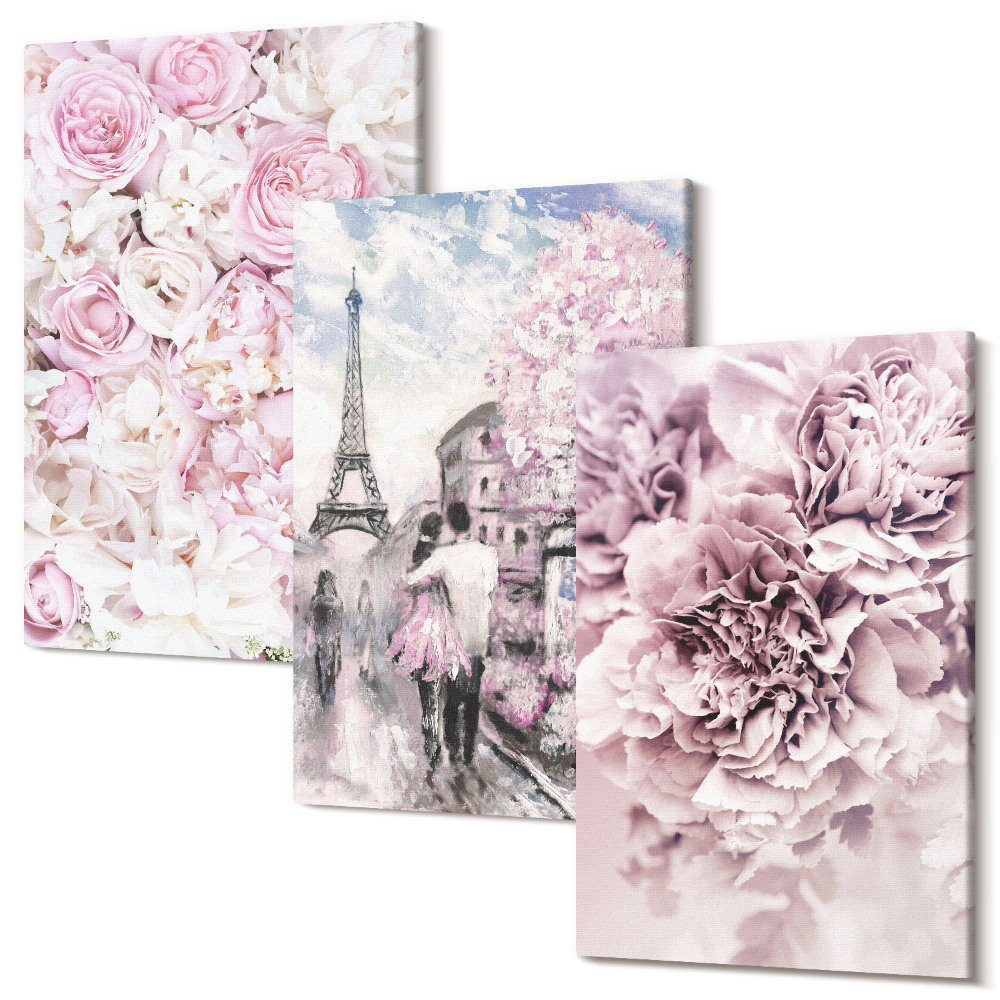 Zestaw obrazów tryptyk na ścianę Kwiaty w odcieniach różu romantyczny krajobraz