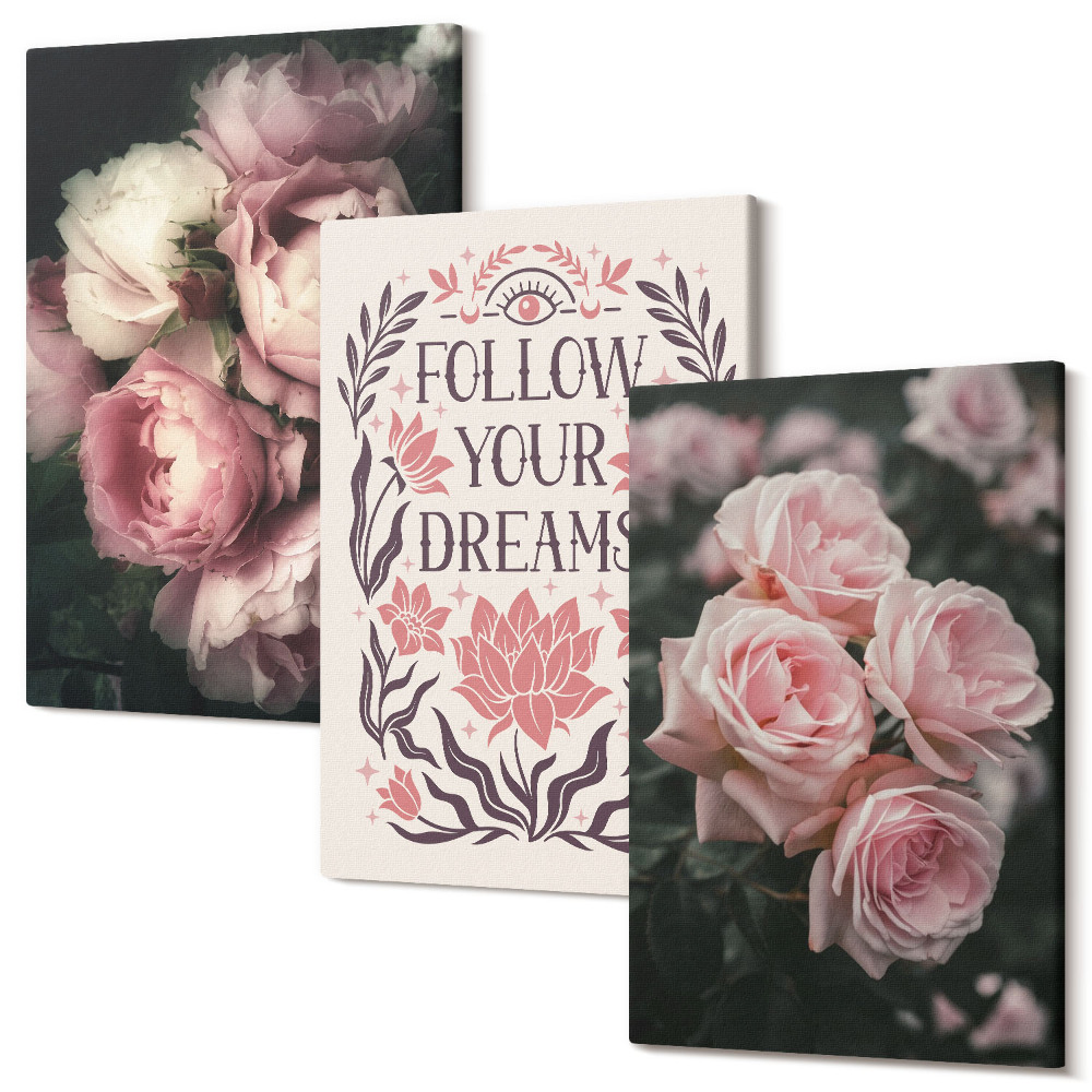 Zestaw obrazów tryptyk na ścianę Vintage róże z napisem o marzeniach