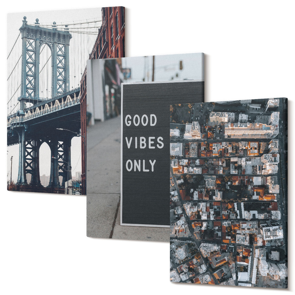 Zestaw obrazów tryptyk na ścianę Most w mieście napisy na ulicy widok z lotu ptaka