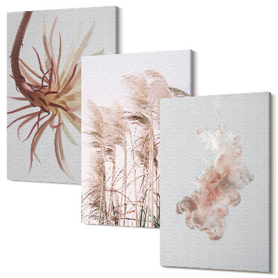 Zestaw obrazów tryptyk na ścianę Kwiaty i trawy na jasnym tle w harmonijnym zestawie