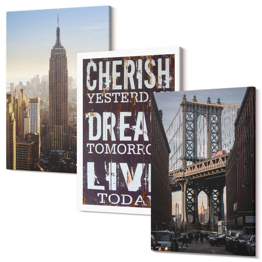Zestaw obrazów 3 części tryptyk Nowojorskie pejzaże z inspirującym cytatem